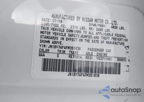 2015 Infiniti Q50 Premium из США, поврежденный, VIN JN1BV7AP4FM351836